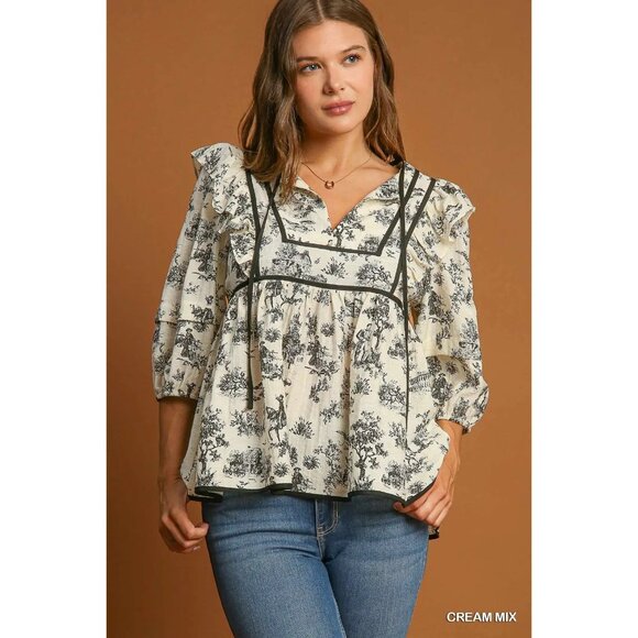 Umgee Tops - NWT Umgee V-Neck Babydoll Cream/Black Toile Top~Ruffle Detail~Puff Sleeves SMALL